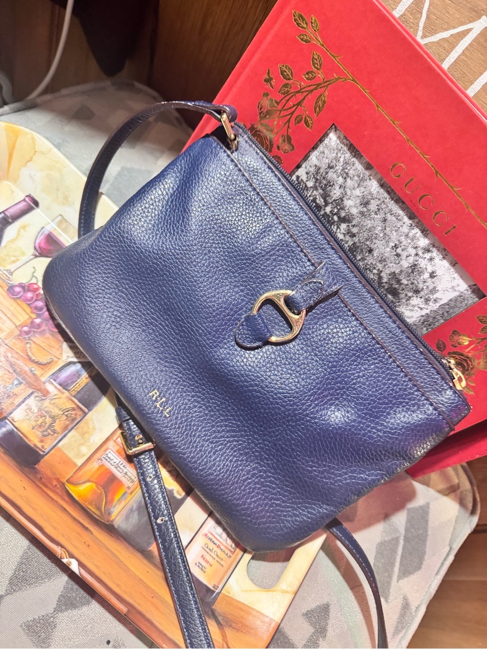 Ralph Lauren Deep Navy Pebbled Leather Crossbody with Gold Hardware